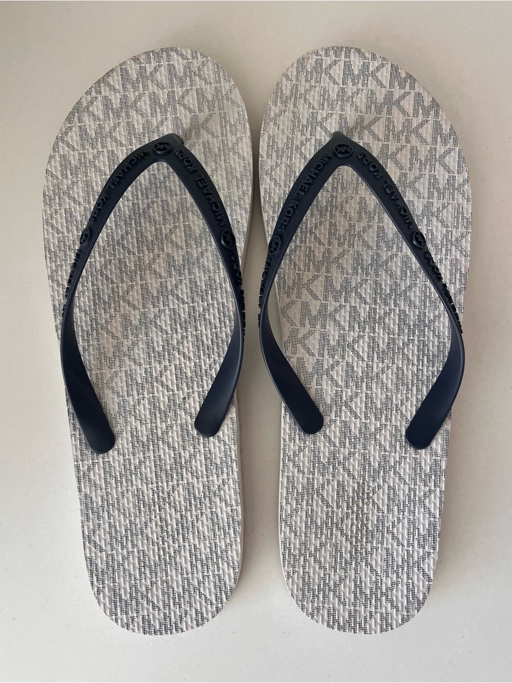 Michael Kors Navy Strap Gray Monogram Flip Flops